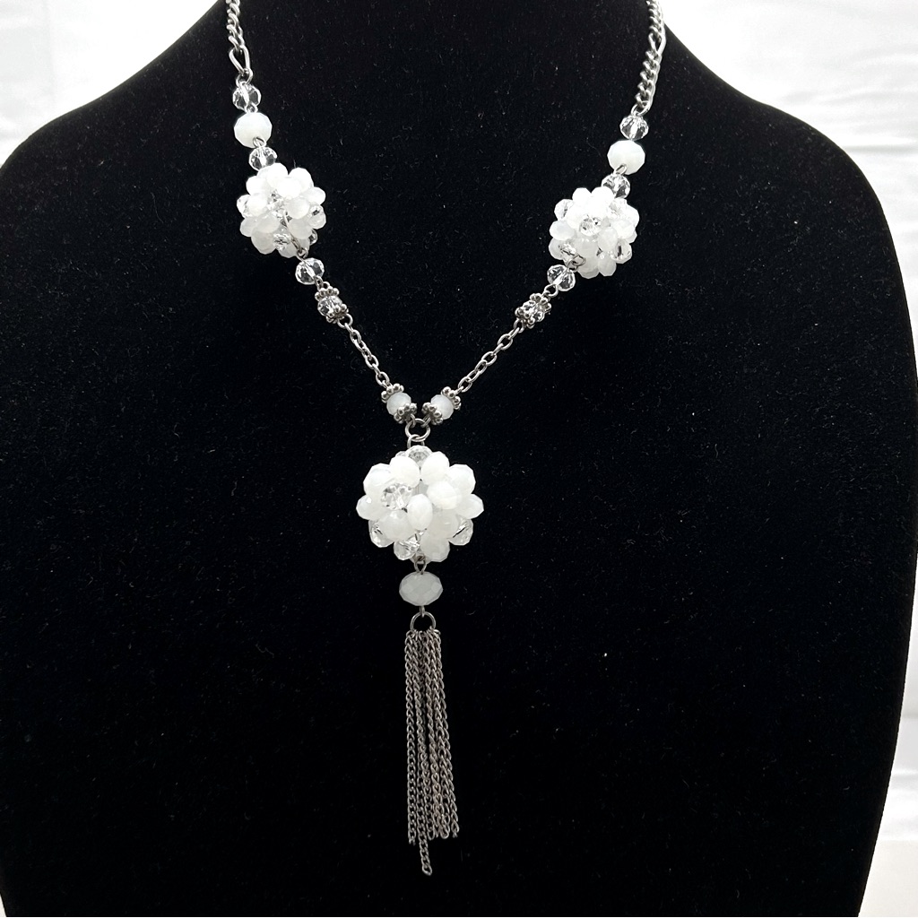 You & I, Long Silver Necklace With White And Clear Crystals And Tassel